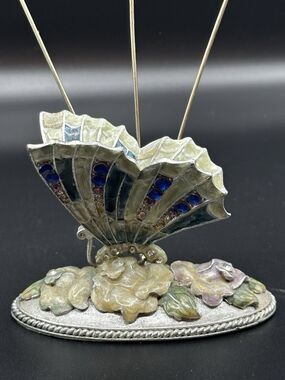 Enameled Metal & Rhinestone BUTTERFLY & FLOWERS Desktop Note Picture Holder